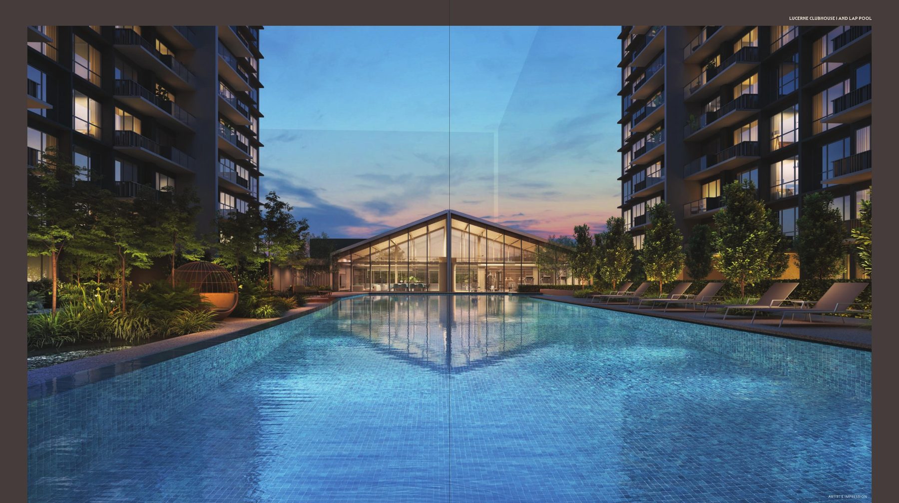 Lucerne Clubhouse I and lap pool at dusk