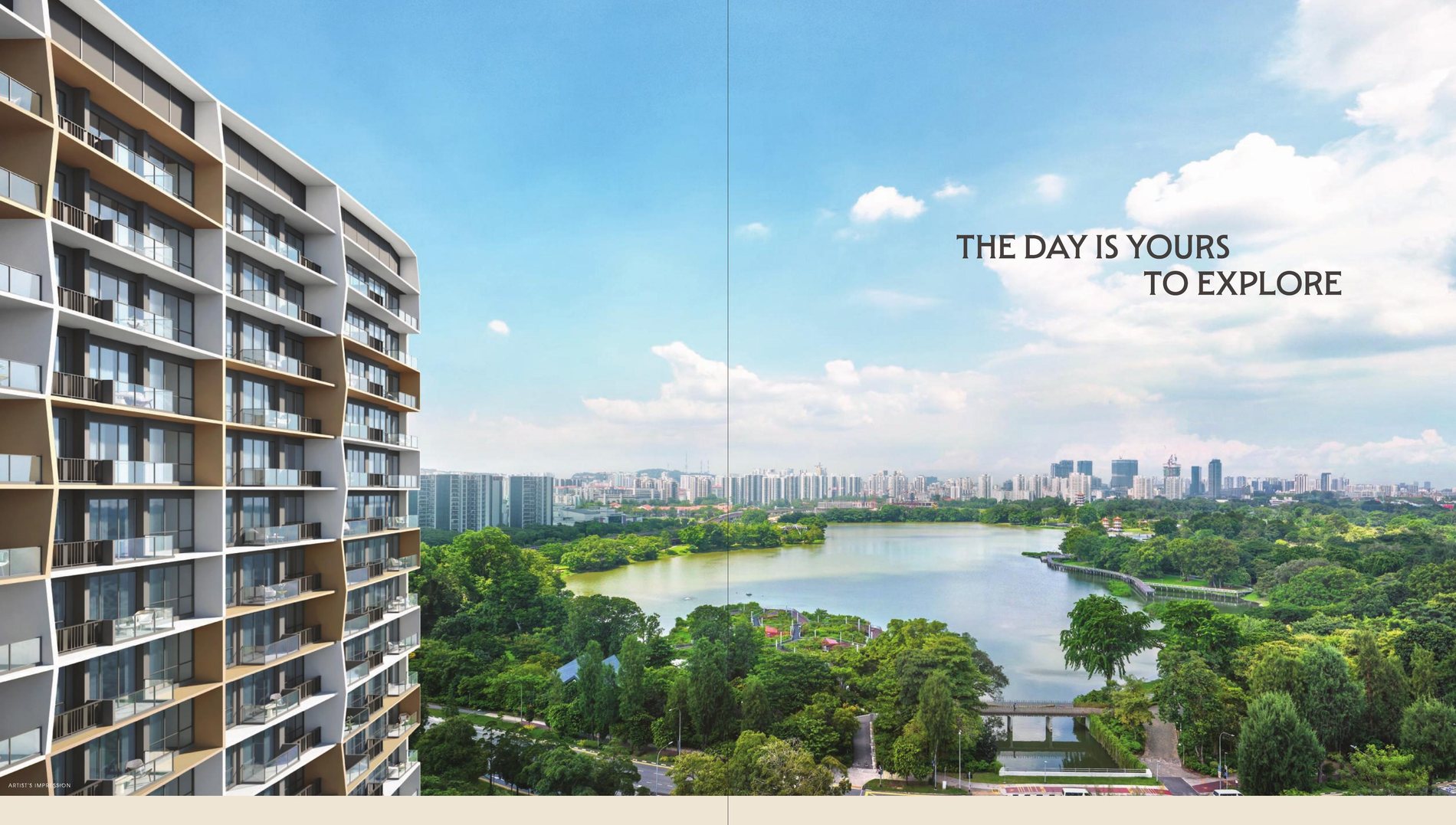 Residential tower facade with Jurong Lake in the background