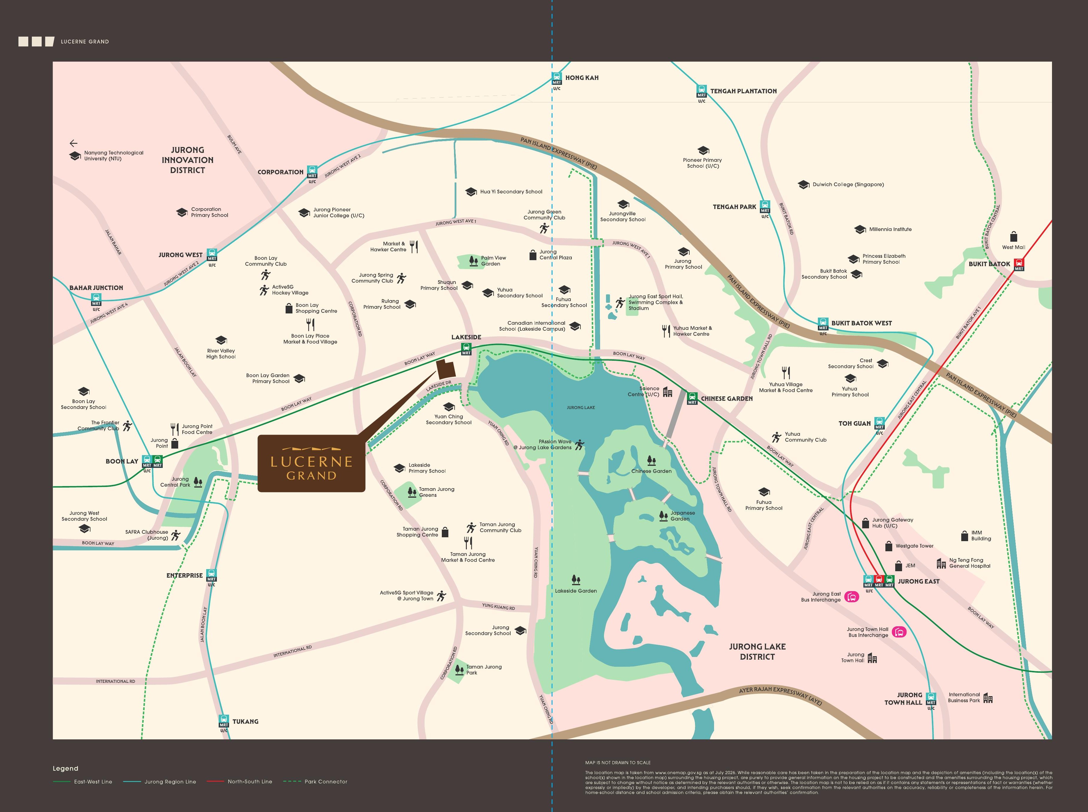 Detailed location map showing Lucerne Grand, MRT lines, parks, schools and amenities around Jurong Lake District