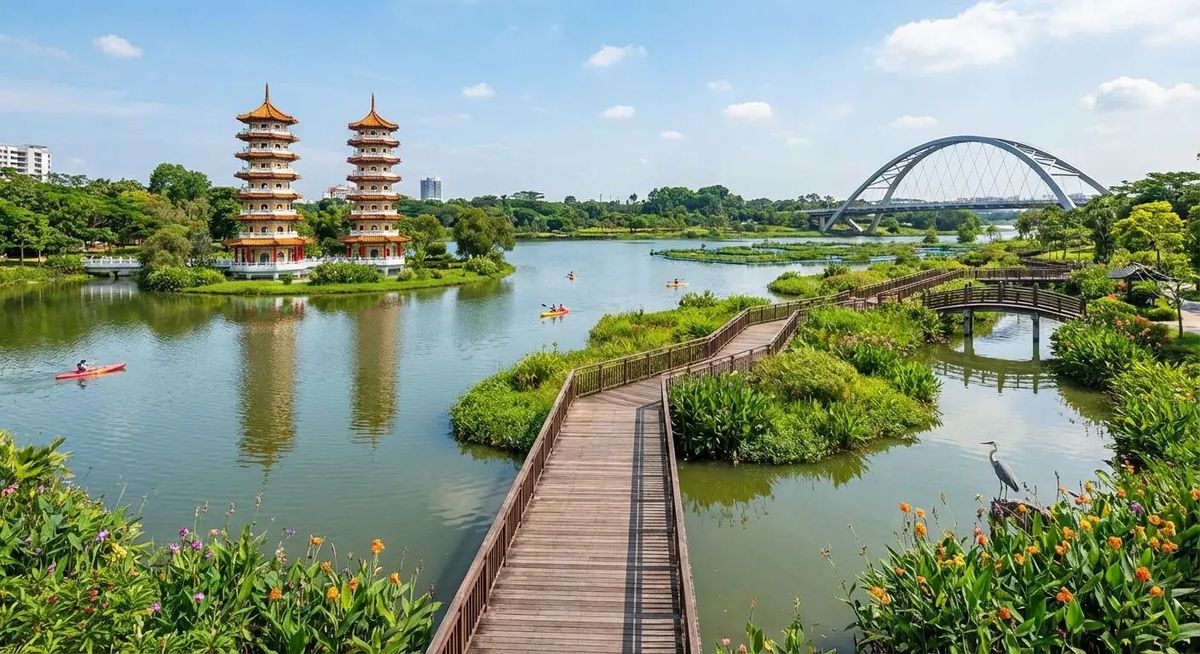 Boardwalk and pagodas at Jurong Lake Gardens